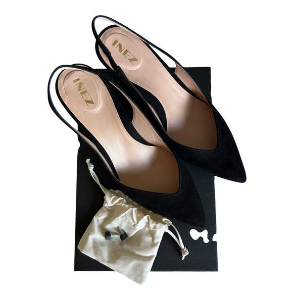 INEZ Mia Black Suede Slingback Pumps Pointed Toe Kitten Heel Dress Shoes-Size 10 - Picture 3 of 7